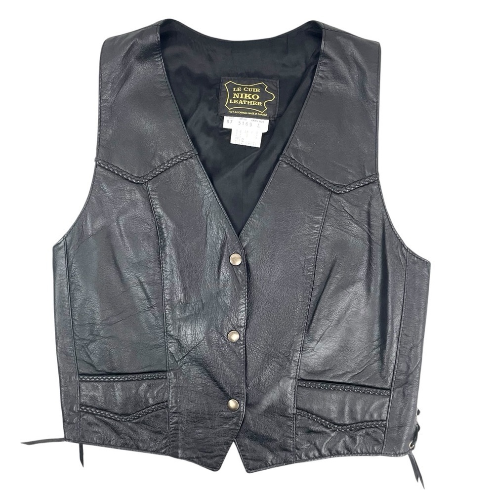 Vtg Le Cuir Niko Leather Biker Vest Black Size L, Eagle Embrossed Braided Detail - Picture 3 of 14